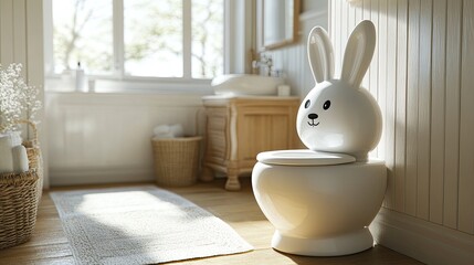 A funny bunny-shaped potty in a sunlit bathroom