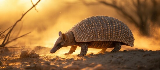 Armadillo walking in golden sunlight.