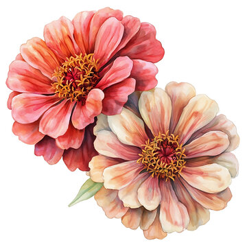 Colorful watercolor zinnias clipart transparent background vintage chinese art style floral design nature inspiration