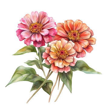 Vintage watercolor zinnias clipart transparent background floral art nature soft tones elegant design