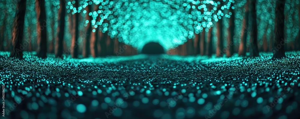 Poster mystical trees concept. a mesmerizing view of a glowing forest pathway illuminated by ethereal blue 