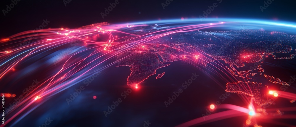 Poster a detailed view of global connections, showcasing vibrant data flows across continents with glowing 