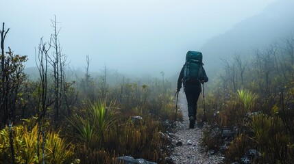 Solitary hiker trekking through misty mountain terrain
