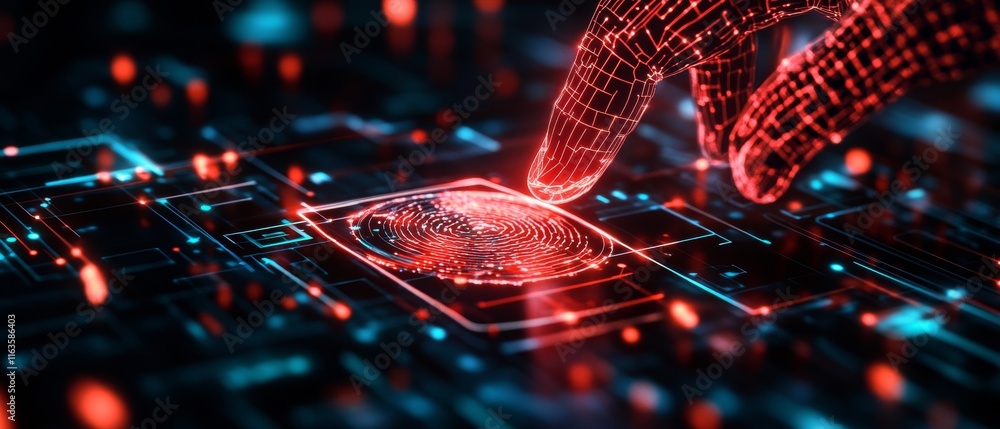 Poster a digital fingerprint is scanned by a futuristic hand interface, showcasing advanced biometric techn