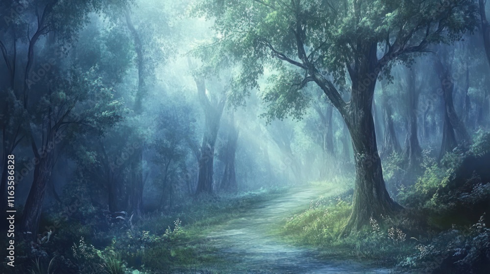 Poster mystical forest path shrouded in fog, sunlight filtering through trees.
