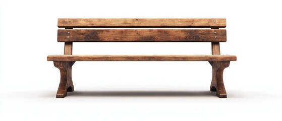 Rustic wooden park bench isolated on white background.