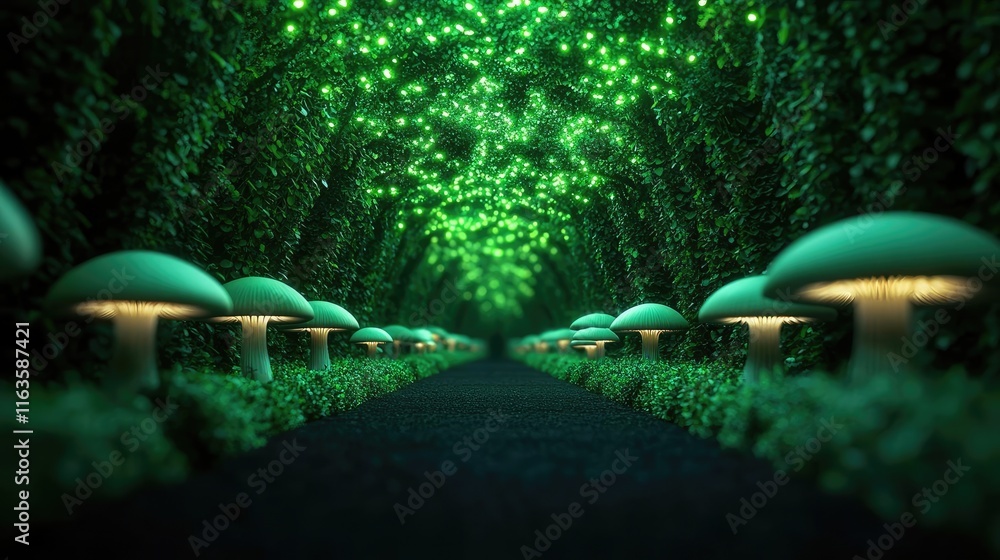 Poster mystical trees concept. a magical path lined with glowing mushrooms and lush greenery, creating an e