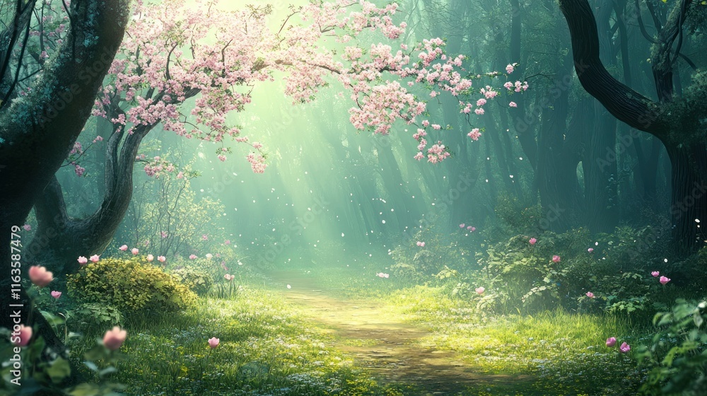 Poster Sunlit path through enchanted forest with blooming cherry trees and falling petals.