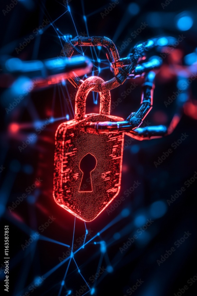 Poster a glowing red padlock symbolizes digital security, nestled within a network of interconnected blue l