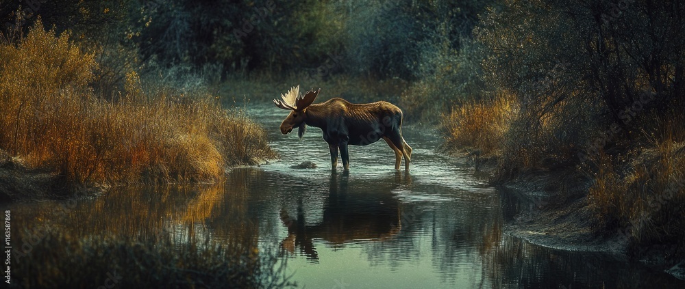 Poster majestic moose standing in a tranquil forest stream, its reflection mirrored in the calm water.