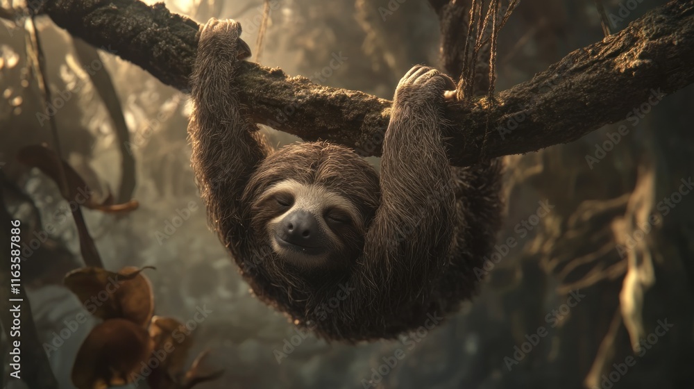 Poster A three-toed sloth hanging upside down from a tree branch in a lush rainforest.