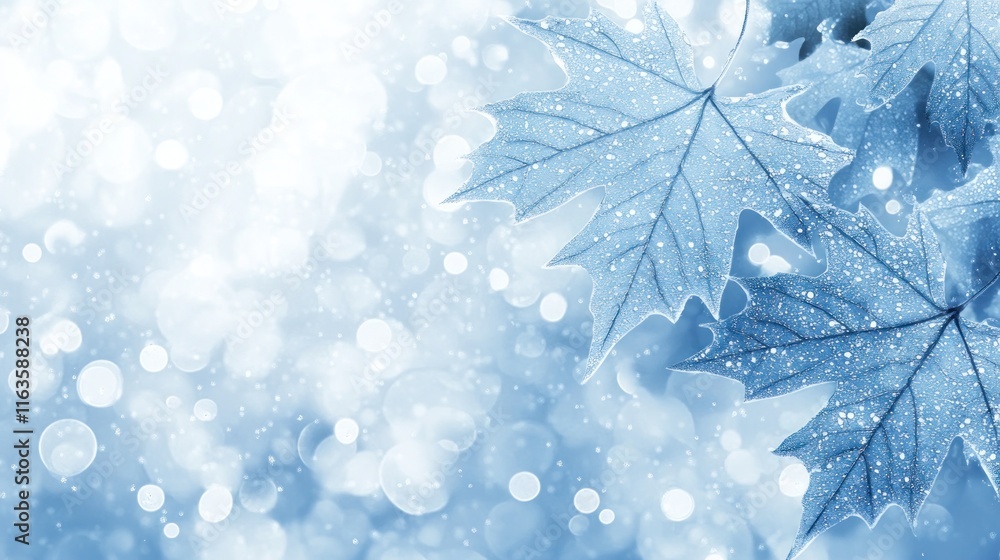 Aufkleber frost-covered maple leaves on a bokeh background.