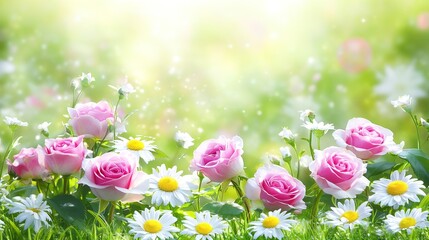 Obraz premium Spring Floral Background, Pink Roses And White Daisies In Sunny Garden With Copy Space