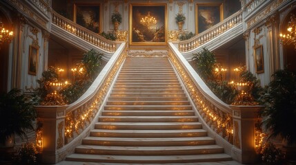 Obraz premium Grand ornate staircase, glowing lights, opulent palace.