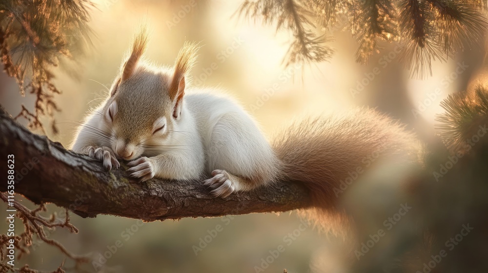 Poster albino squirrel sleeping on a tree branch at sunset.