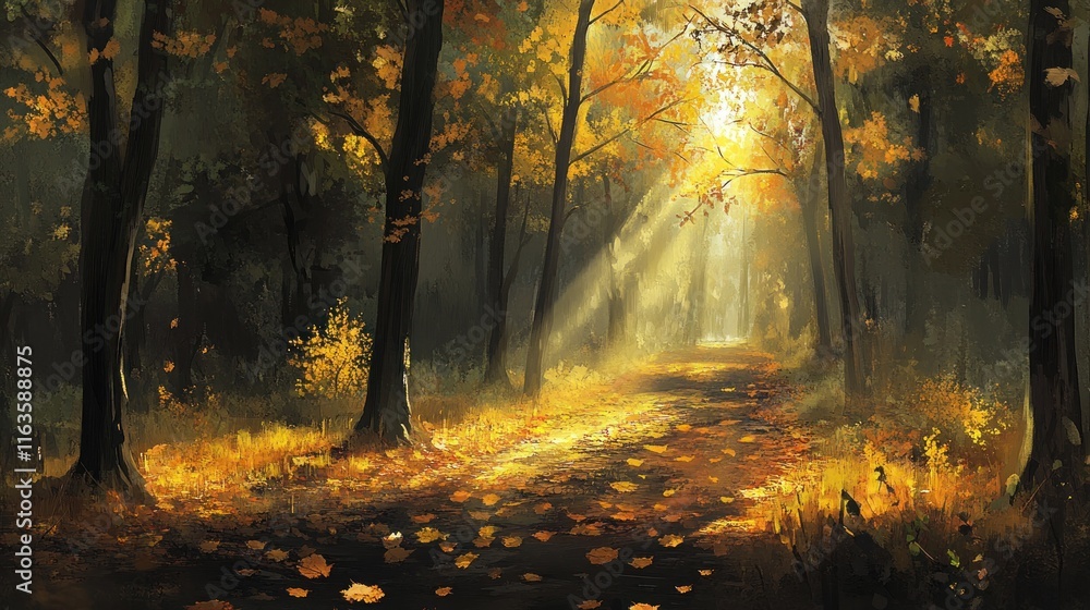 Poster sunbeams illuminate a path through an autumn forest, leaves scattered on the ground.