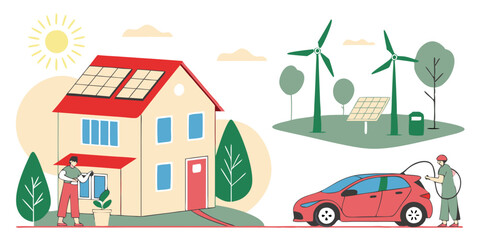 Ai generates sustainable living solutions solar power and electric vehicles in eco-friendly homes