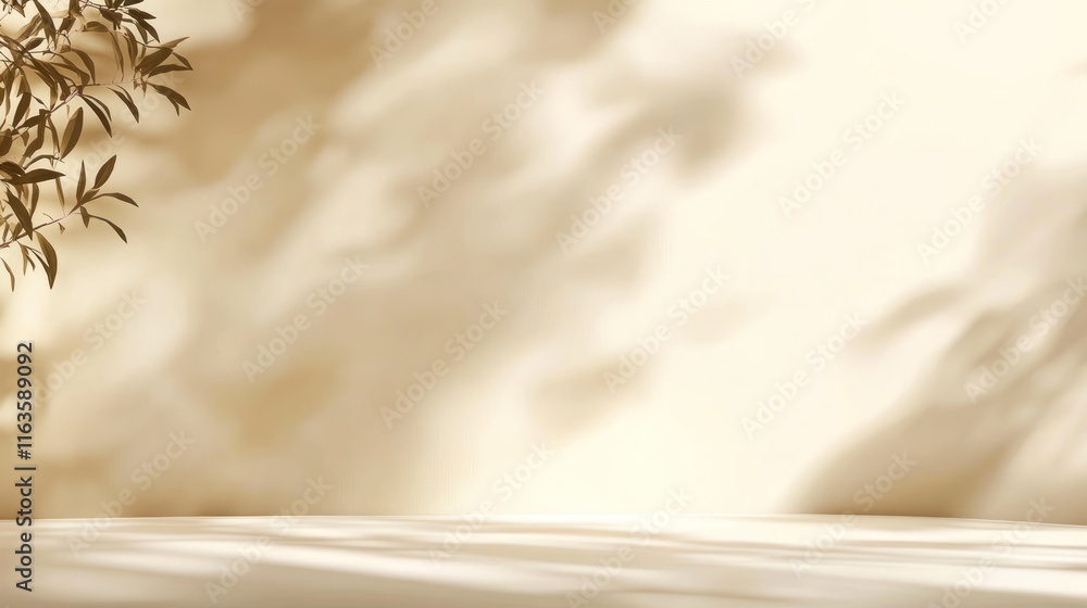 Poster beige background with plant shadow overlay, empty space for product display.