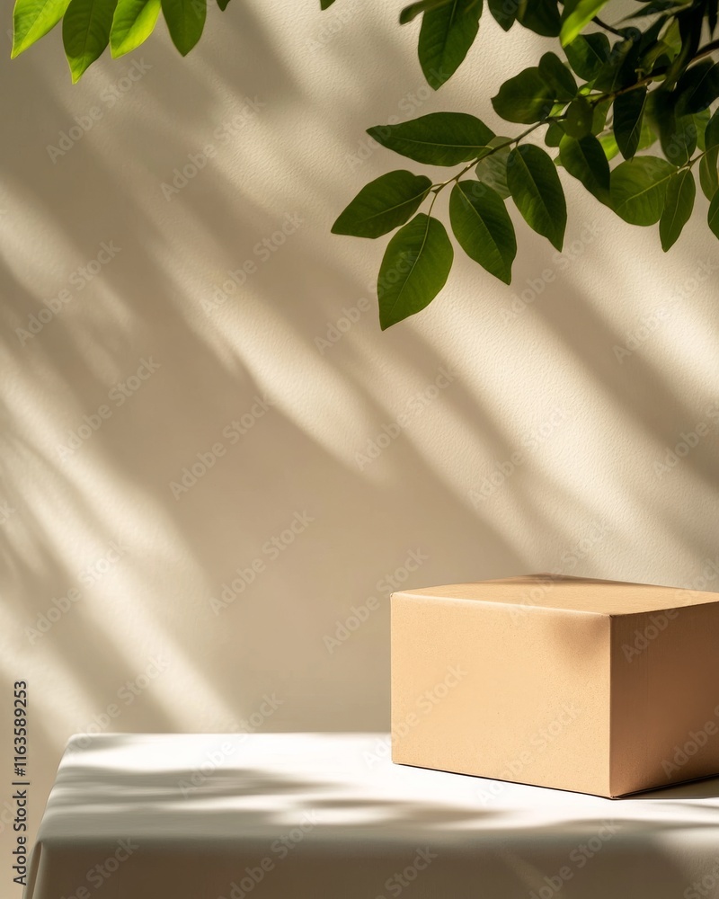 Poster a minimalist scene featuring a brown box on a table with soft shadows and green leaves, creating a s