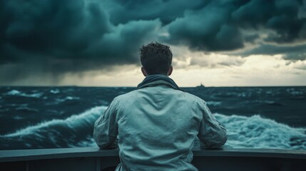 Fototapeta premium Man on ship deck facing stormy sea.