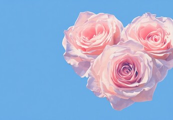 Pink roses arranged in the shape of a heart, isolated on a blue background, with no shadows