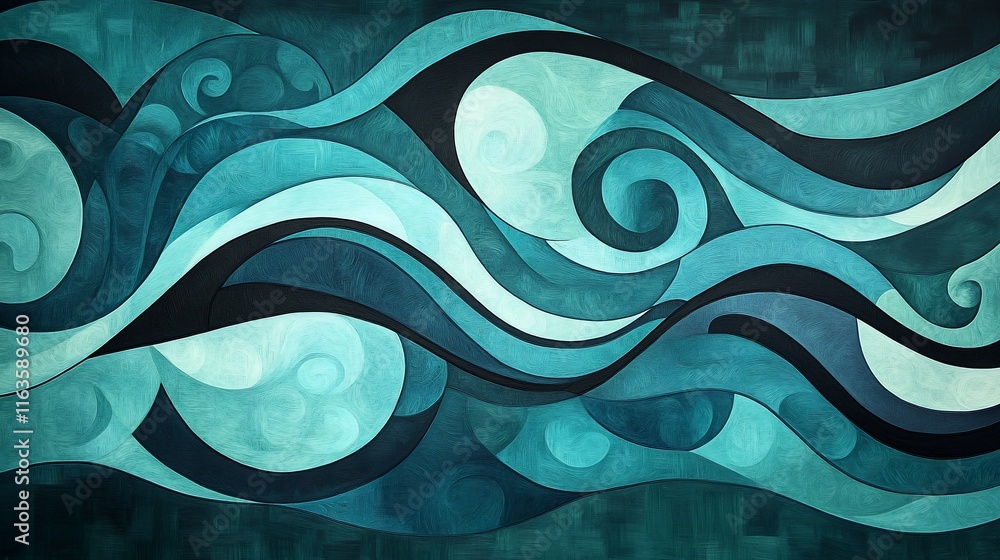 Wall mural Abstract teal and turquoise waves with swirls and patterns.