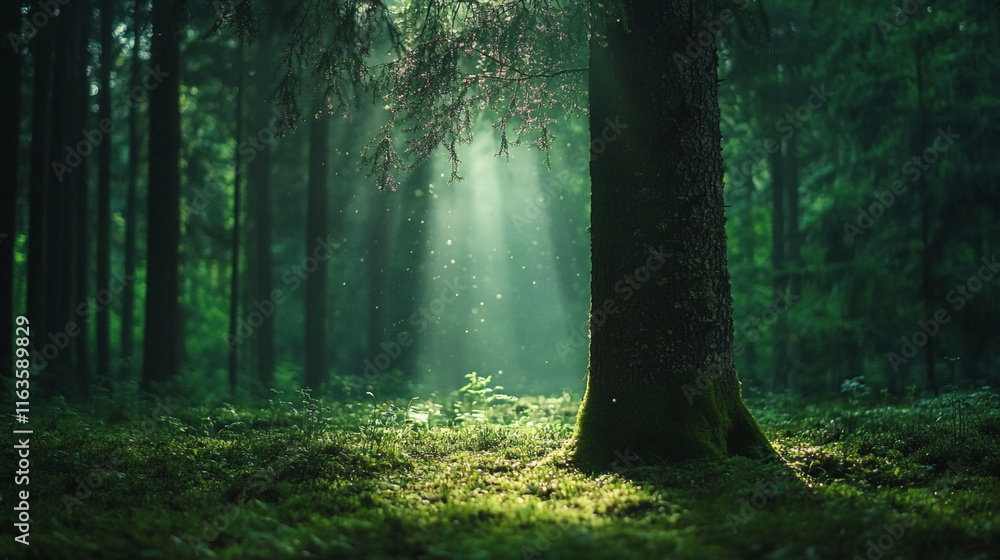 Poster sunlight filters through trees in a serene forest at dawn