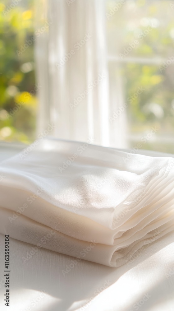 Poster a neatly folded white cloth resting on a table, with soft natural light streaming through a window, 