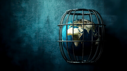 Global press freedom advocacy and World freedom day conceptual design. Horizontal banner. Copy space. Globe in a cage on a stone background