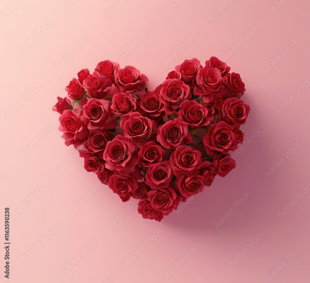 Wall mural red roses arranged in the shape of a heart on a pink background, isolated with no shadows