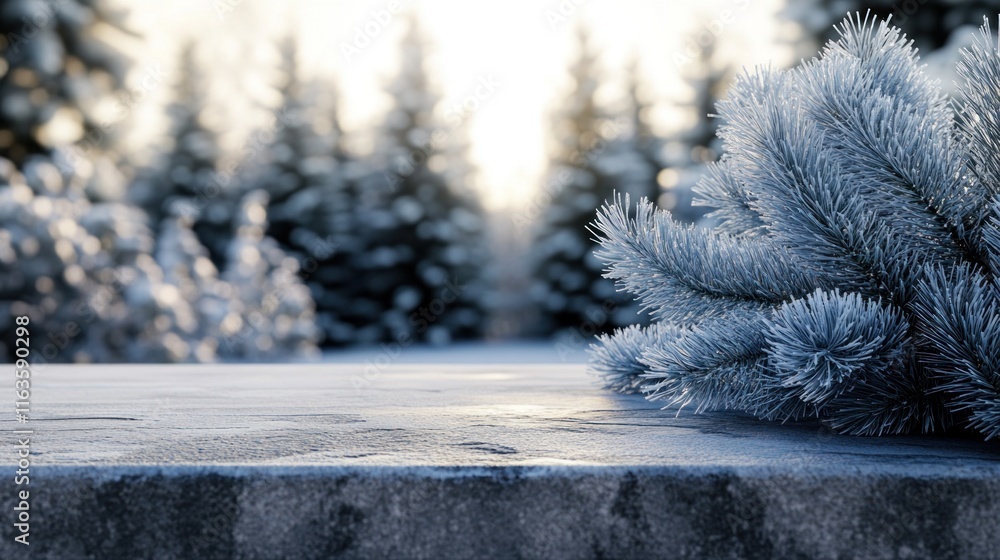 Aufkleber frosty pine branch on snowy surface with blurred winter forest background.