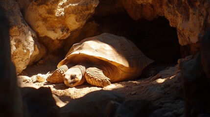 Large tortoise resting in sunlit rocky cave.