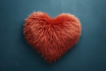 A heart made of soft, fluffy fur on blue background. The heart is a vibrant coral red color and has a plush texture that gives it a cozy appearance.