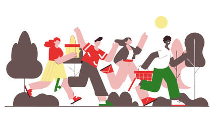 Ai generated excitement happy people running together in a vibrant park environment