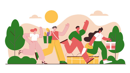Fototapeta premium Ai generates joyful crowd of happy people running fast with gifts in a vibrant summer landscape