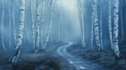 Misty path winding through a serene birch forest on an overcast day.