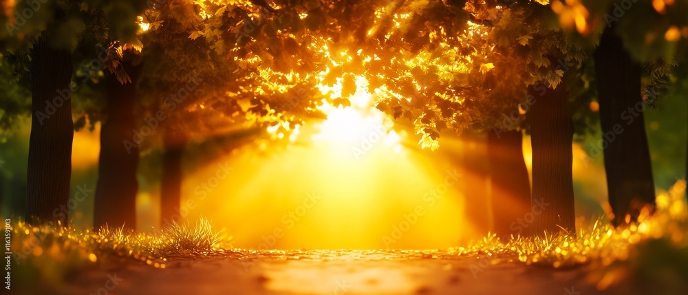 Poster a serene forest scene illuminated by warm sunlight filtering through trees, creating a magical atmos