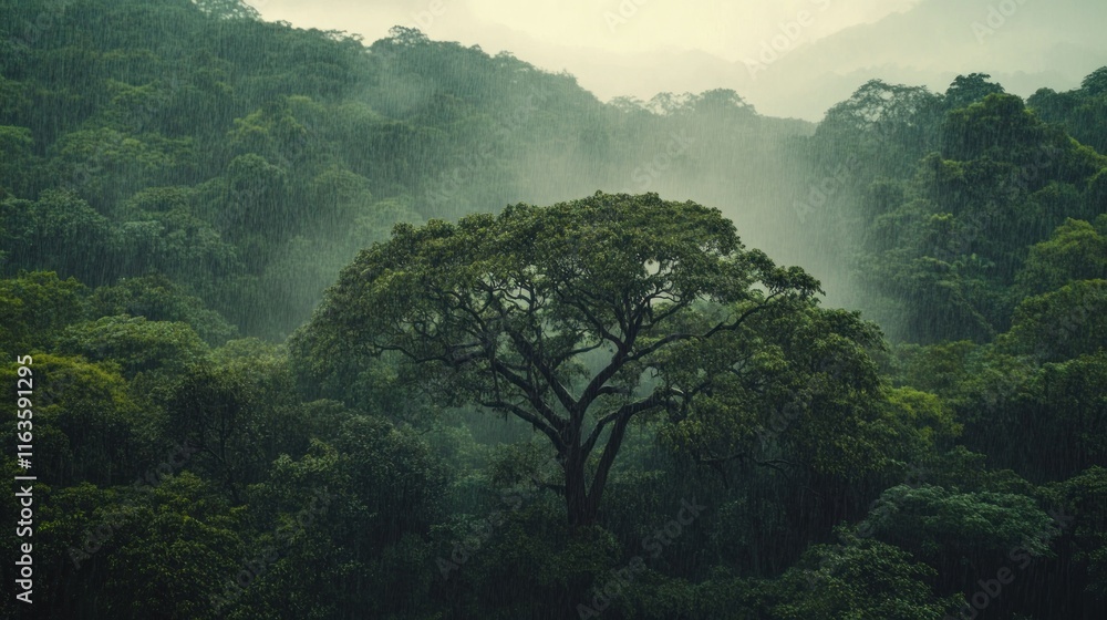 Poster lush rainforest landscape with large tree in rain.