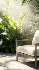 Fototapeta premium A serene outdoor scene featuring a stylish chair surrounded by lush greenery, perfect for relaxation and leisure in nature.