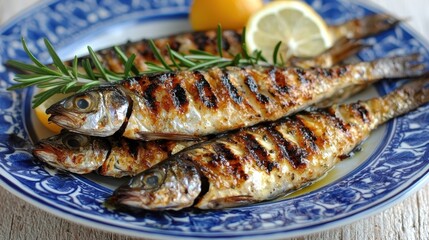Grilled fish garnished with lemon and rosemary on a decorative blue plate, showcasing a delicious seafood dish.