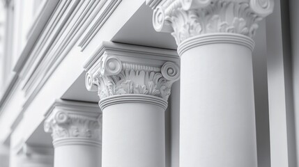 Close-up of three ornate white columns with capitals and entablatures.