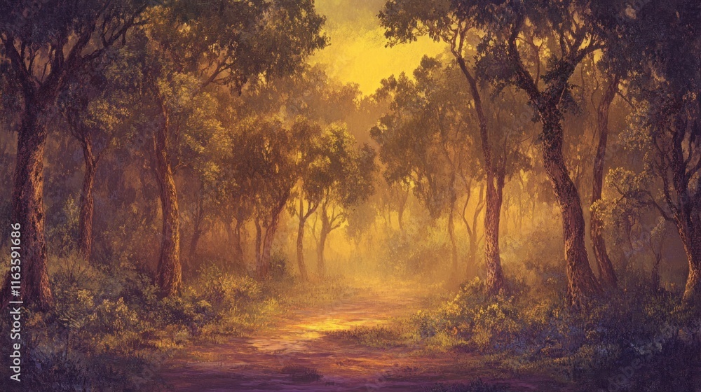 Poster Serene sunset path through a mystical forest with golden light filtering through the trees.