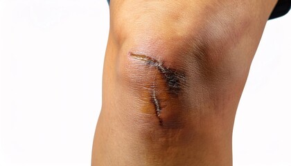 Fototapeta premium Close-up of a scar on the shin from tripping over tree roots, textured and uneven in isolated white background 