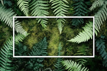 Lush green fern leaves and moss background with a white rectangular frame.