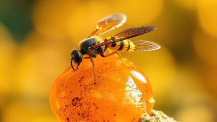 Naklejka premium A yellow jacket wasp delicately perched atop a vibrant amber sphere in a sunlit meadow