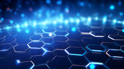 Obraz premium A digital technology background with abstract blue hexagons, glowing lines, and a futuristic tech atmosphere.