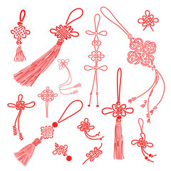 Chinese knot and Japanese tassel typical decoration element, vector illustration