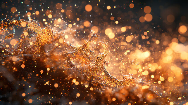 Golden digital particles forming intricate patterns, glowing softly in motion, resembling Trapcode Form effects.