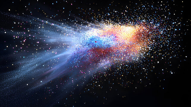 Digital particles resembling those created by Trapcode Form or Trapcode Particular, bursting in a dynamic splash effect, set against a dark background.

