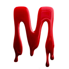 Letter M made of blood. A glossy red letter with a smooth, reflective surface. The letter appears to be floating against a white background, with a slight drooping effect.